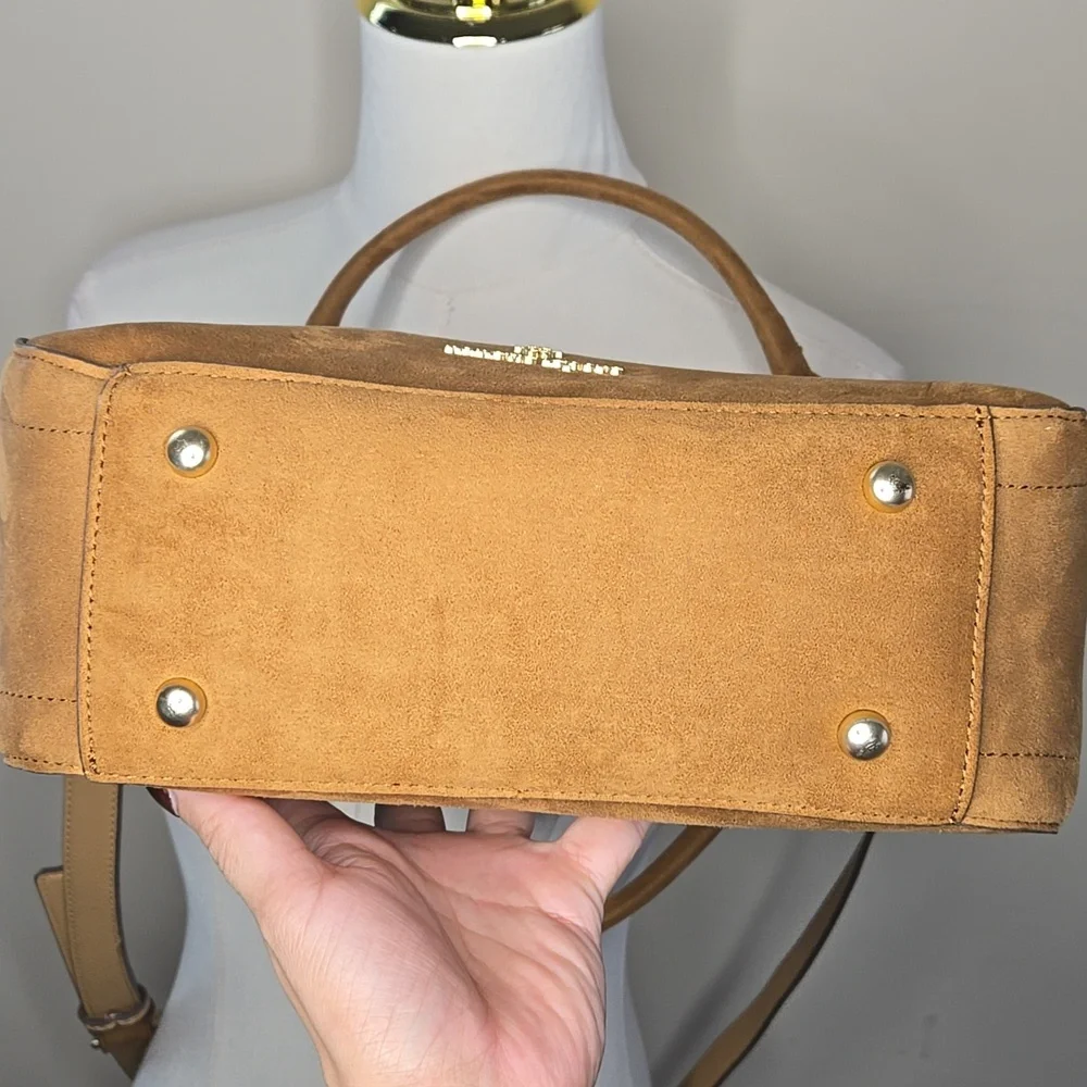 Nanette Lepore Tan Suede Purse Gold Accents Bag Charms Removable Strap Western - Picture 4 of 8